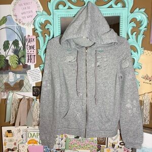 Better Be Gray Distressed Ripped Zip Up Hoodie Sweatshirt Women’s Size S Grunge